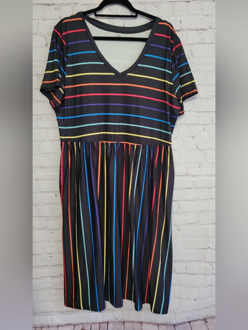 Black Rainbow Stripe V-Neck Women's Dress